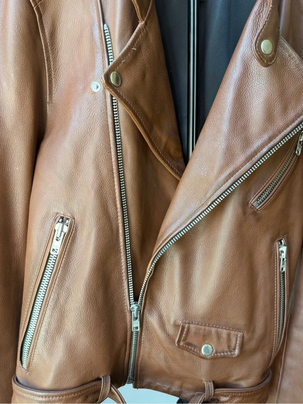 H&M Chestnut Brown Leather Moto Jacket with Silver Hardware